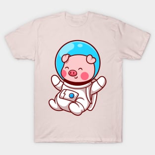 Cute Pig Astronaut Floating Cartoon T-Shirt